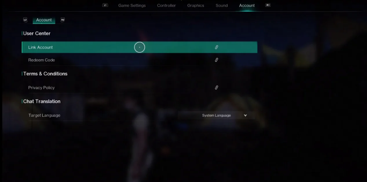 Menu Account de Once Human com a opção Link Account selecionada