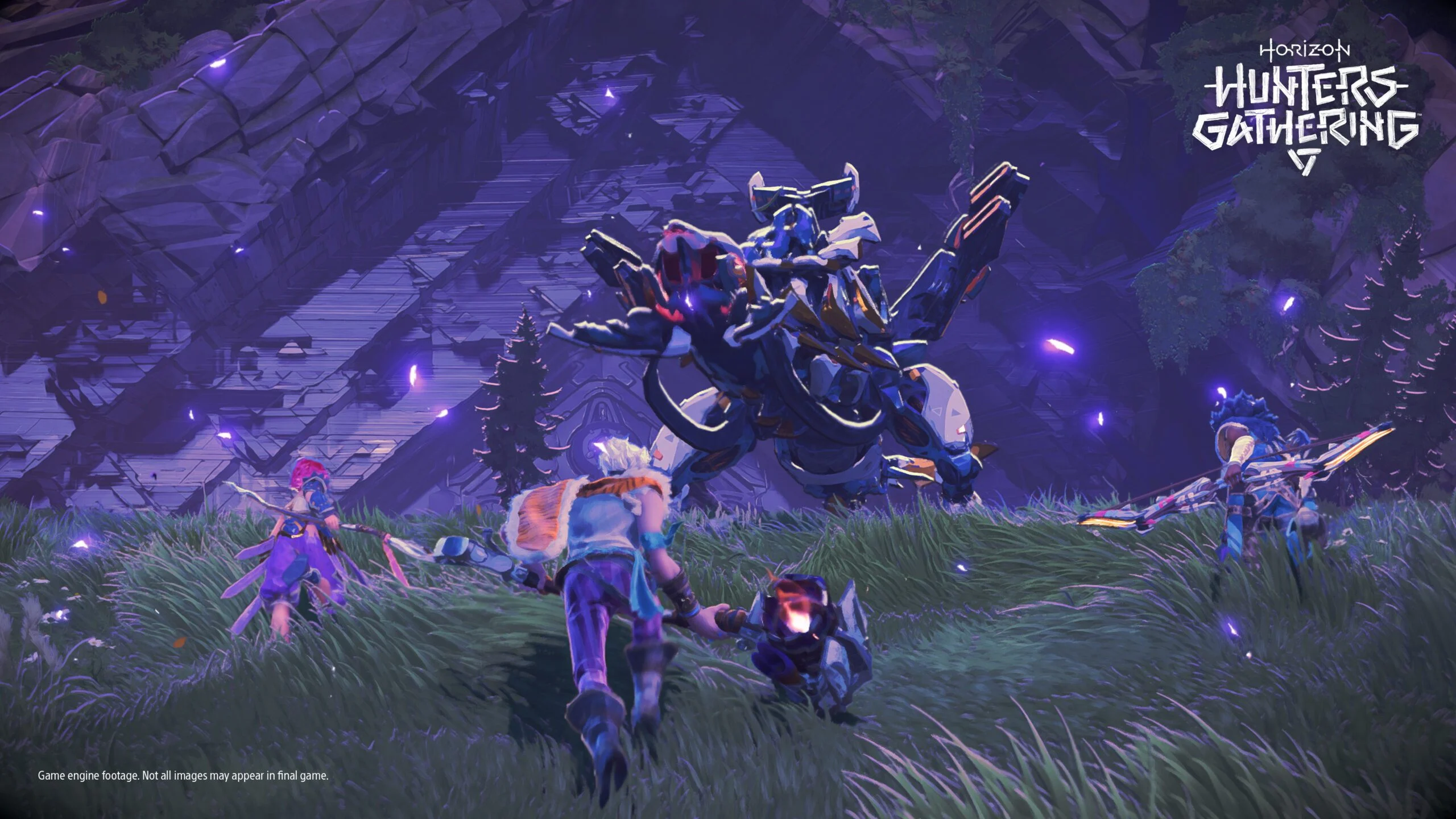 Equipe de caçadores enfrentando máquinas em Horizon Hunters Gathering