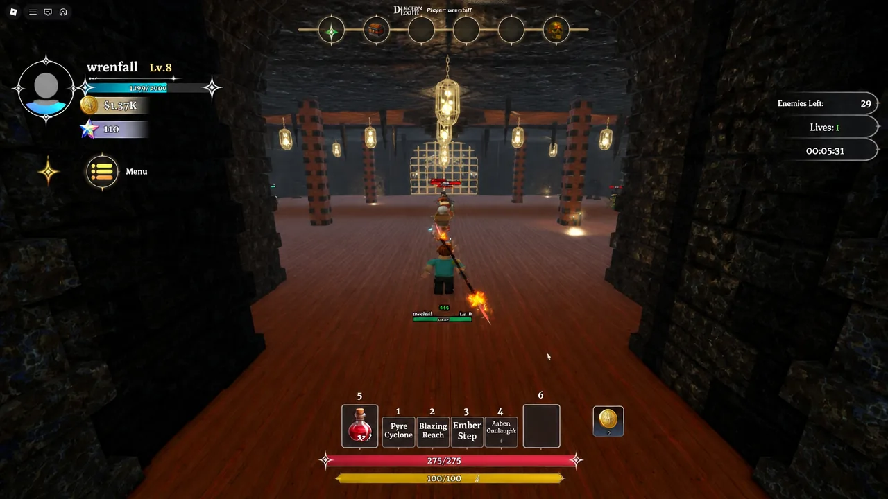 Boss Rush de Dungeon Lootr com inimigos, vidas e habilidades na tela