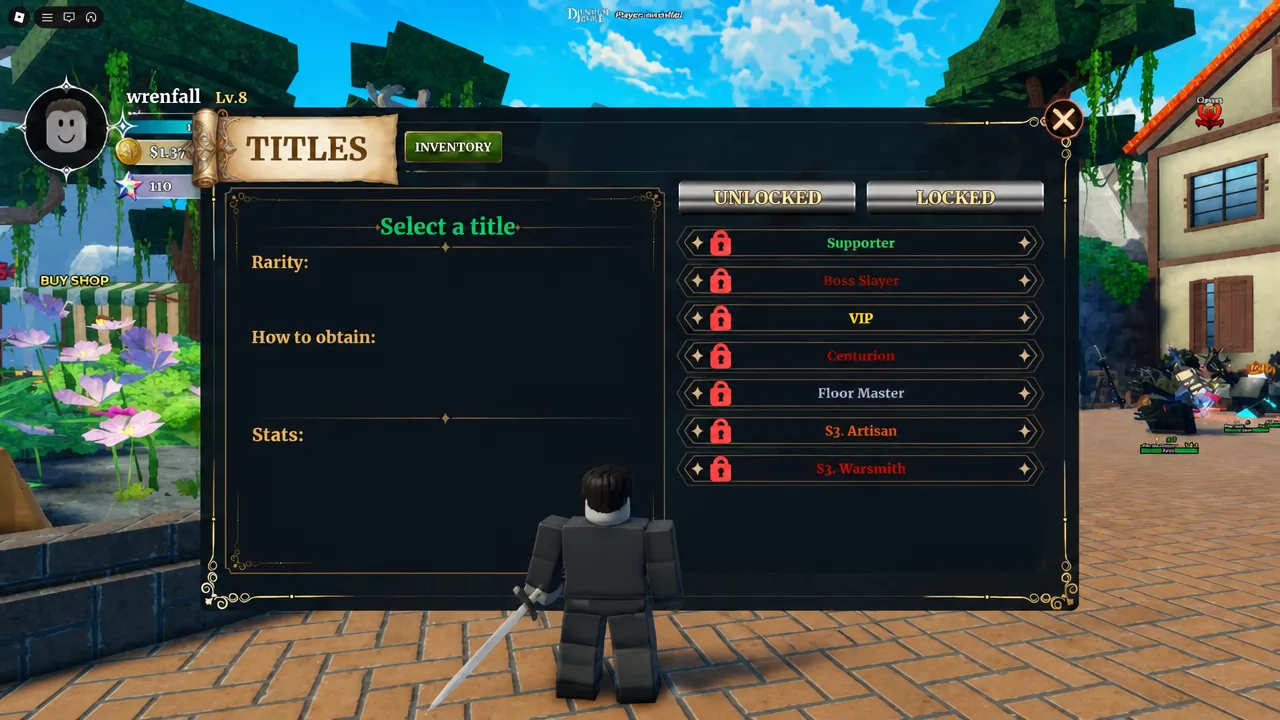 Menu Titles de Dungeon Lootr mostrando títulos bloqueados