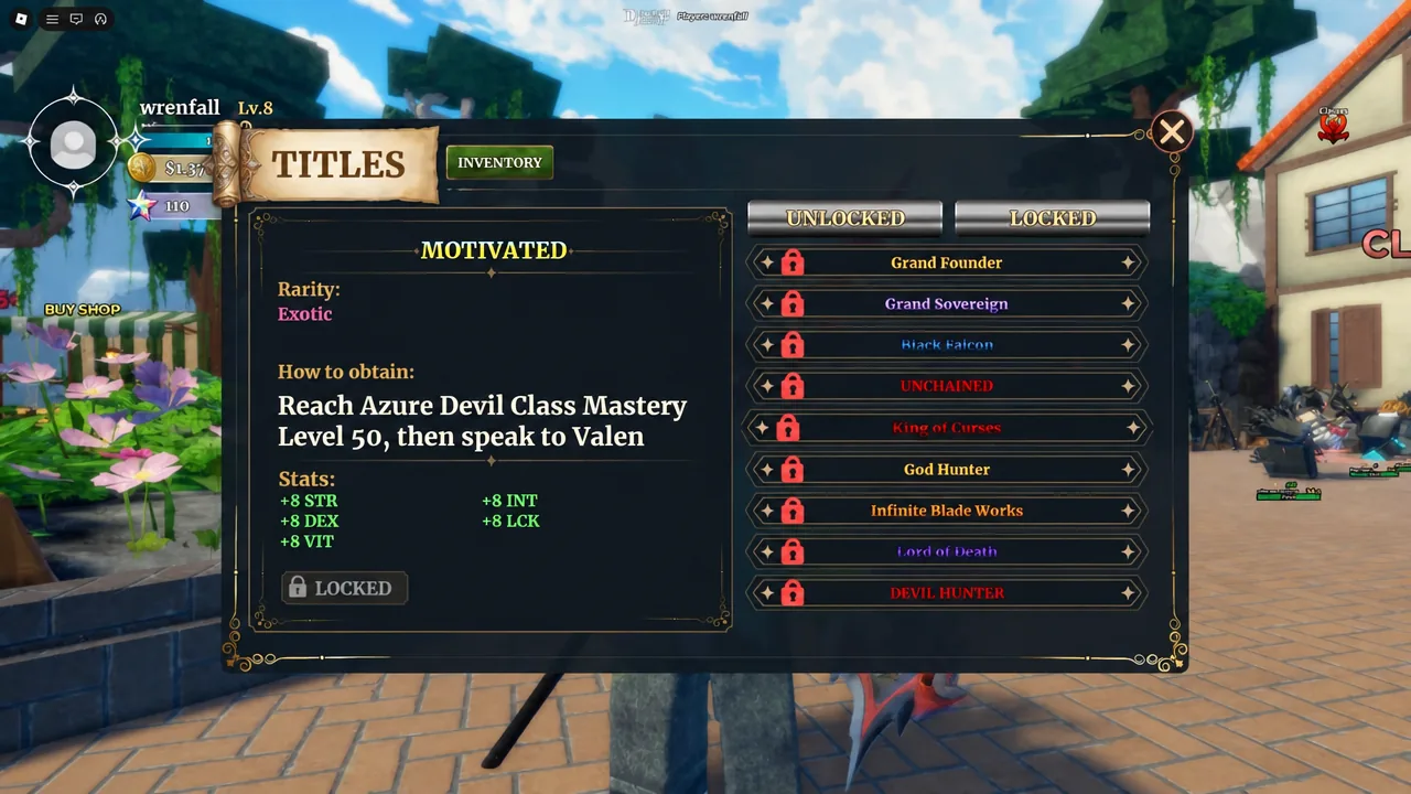 Título Motivated selecionado no menu de Dungeon Lootr mostrando requisitos e bônus