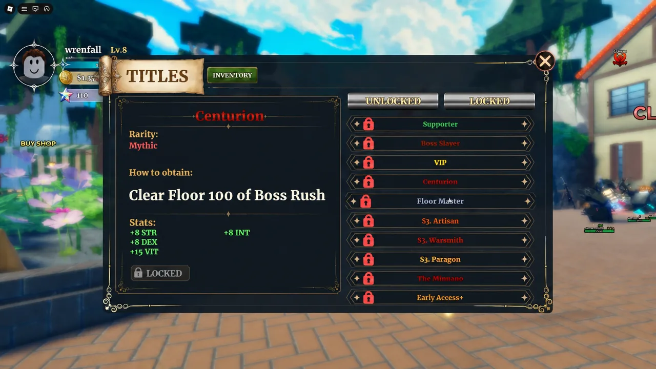 Título Centurion em Dungeon Lootr mostrando requisito de concluir o Floor 100 do Boss Rush