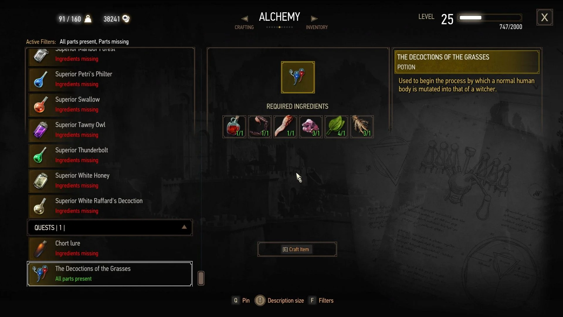 Menu de alquimia de The Witcher 3 mostrando a preparação de uma poção