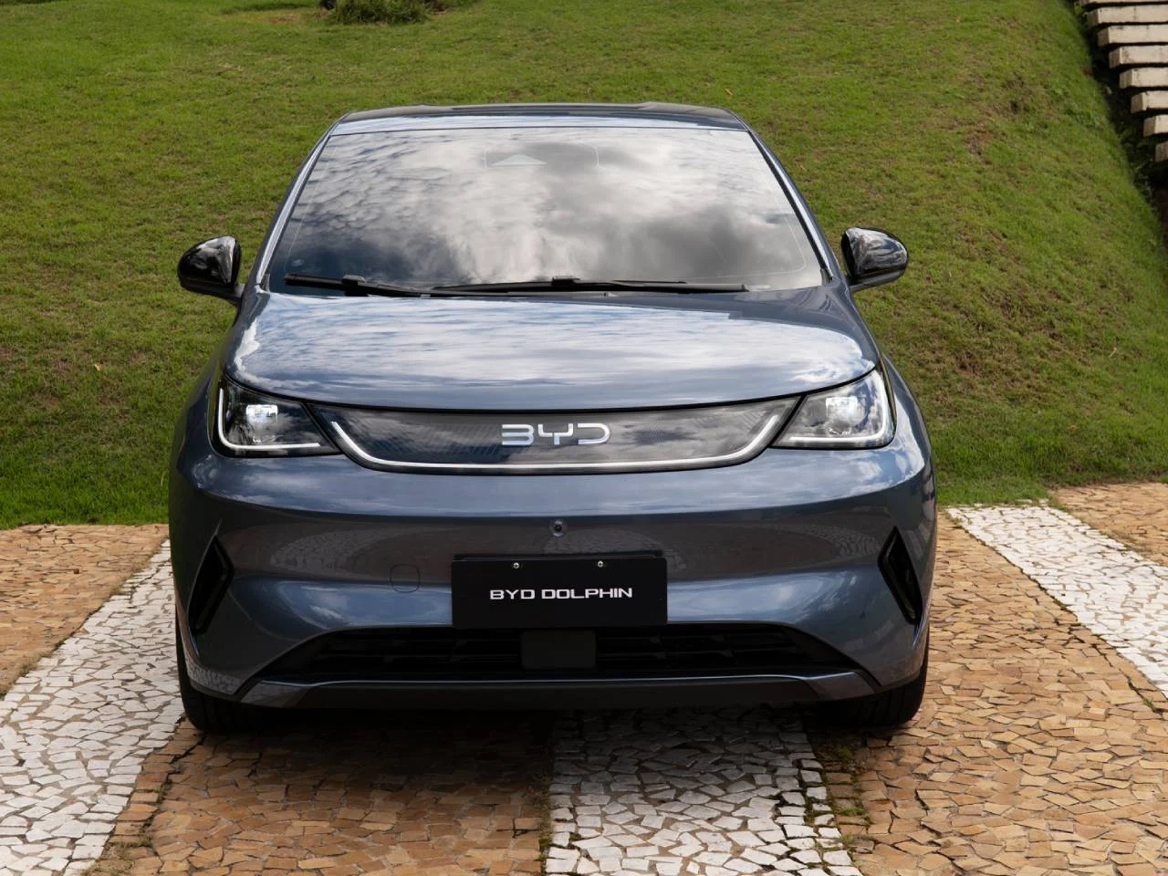 BYD Dolphin cinza visto de frente