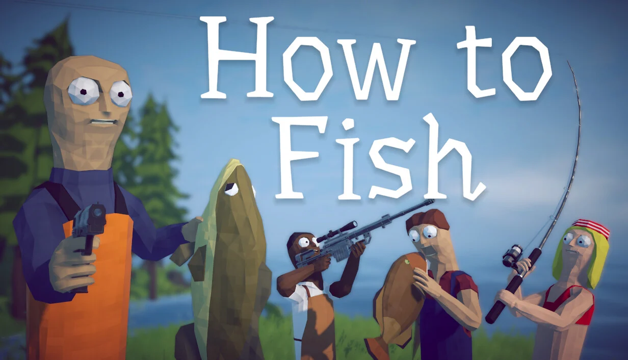 Personagens pescando e usando armas em How to Fish