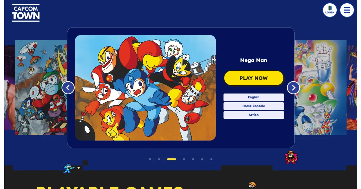 Página de jogos clássicos do Capcom Town com Mega Man disponível para jogar no navegador