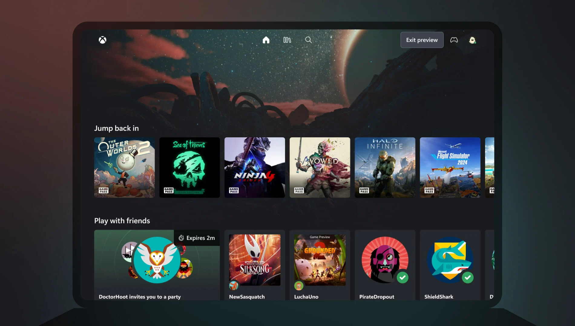 Interface do Xbox Cloud Gaming em um navegador com jogos disponíveis para transmissão
