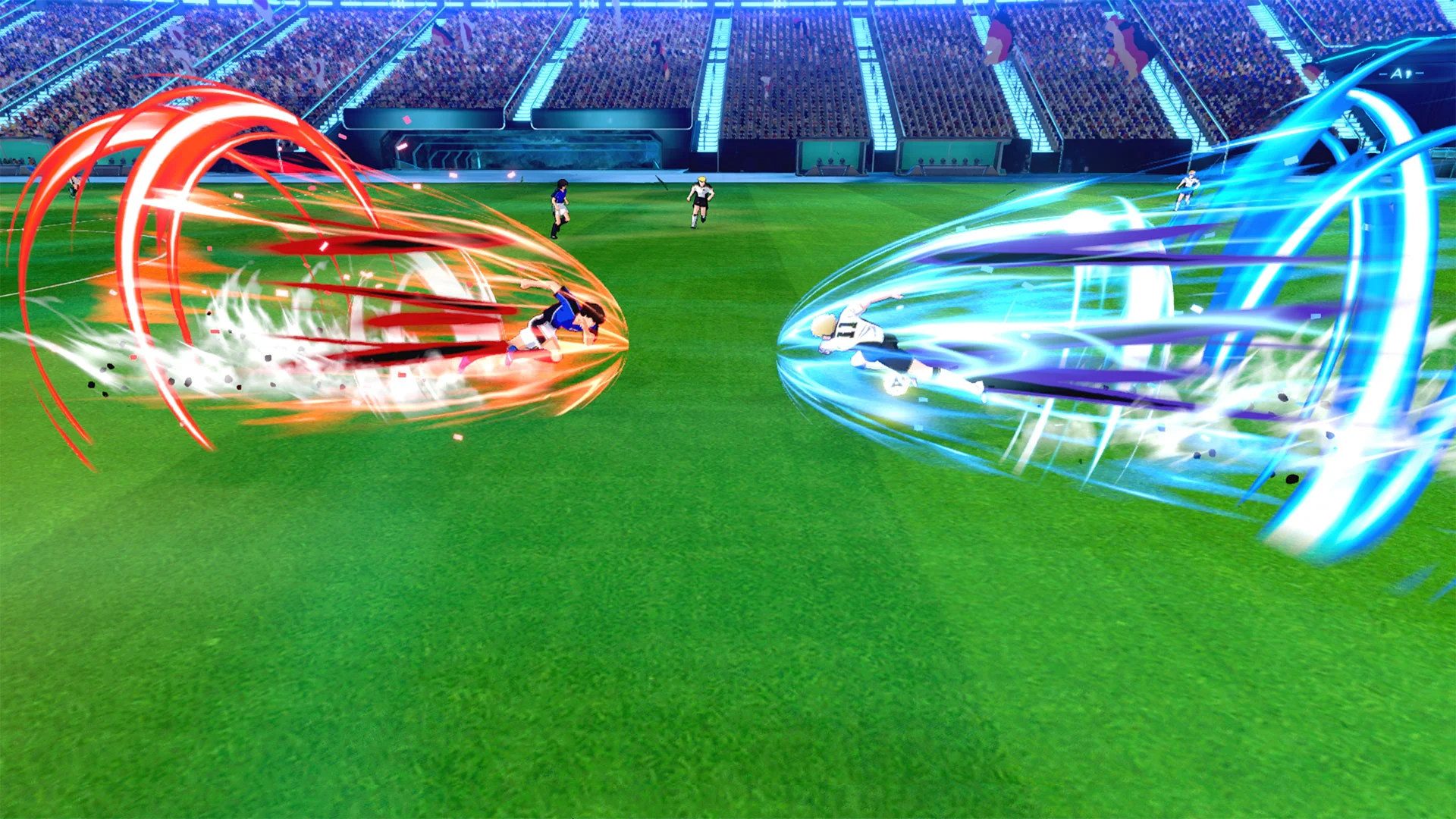 Dois jogadores disputam a bola usando técnicas especiais em Captain Tsubasa 2 World Fighters