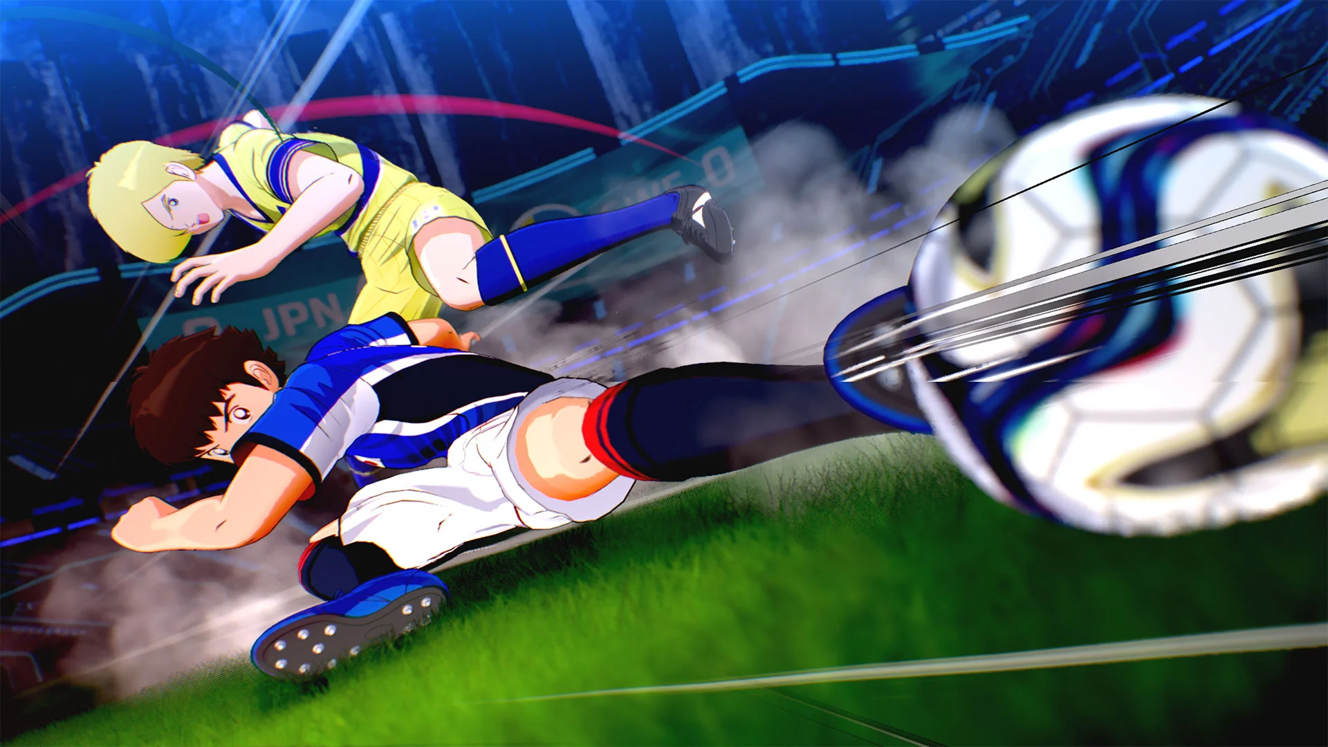 Jogadores disputam a bola com um carrinho em Captain Tsubasa 2 World Fighters