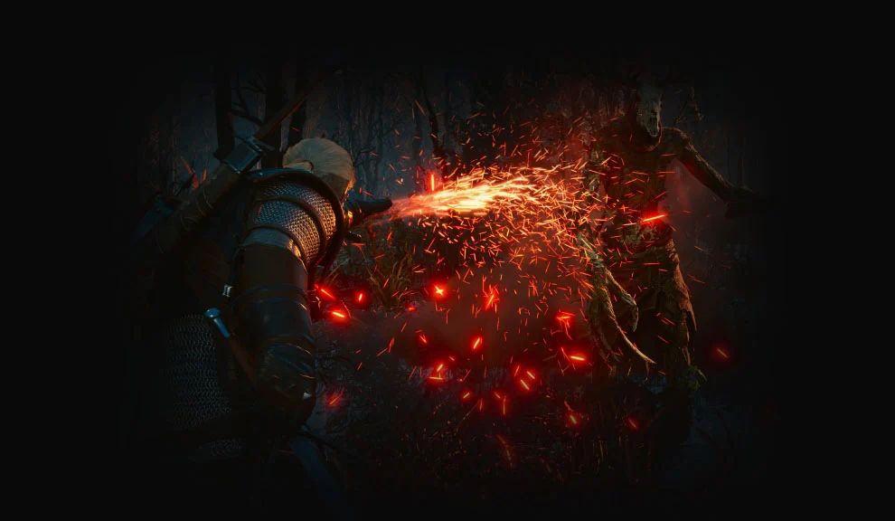 Geralt lutando contra inimigos em The Witcher 3 Wild Hunt