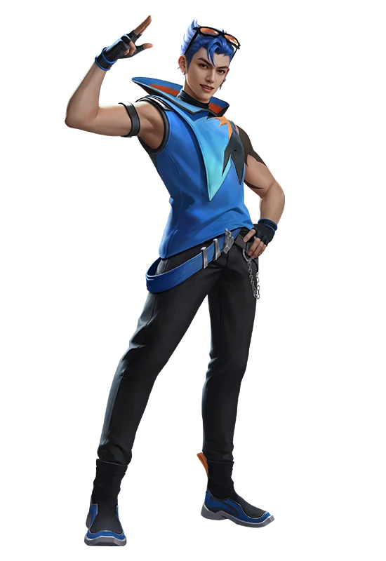 Arte oficial de Oscar, personagem de Free Fire com roupa azul