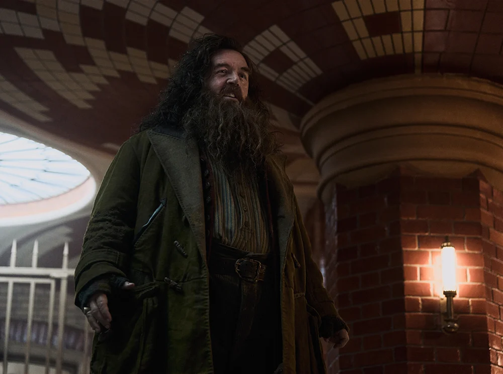 Nick Frost caracterizado como Rúbeo Hagrid na nova série Harry Potter