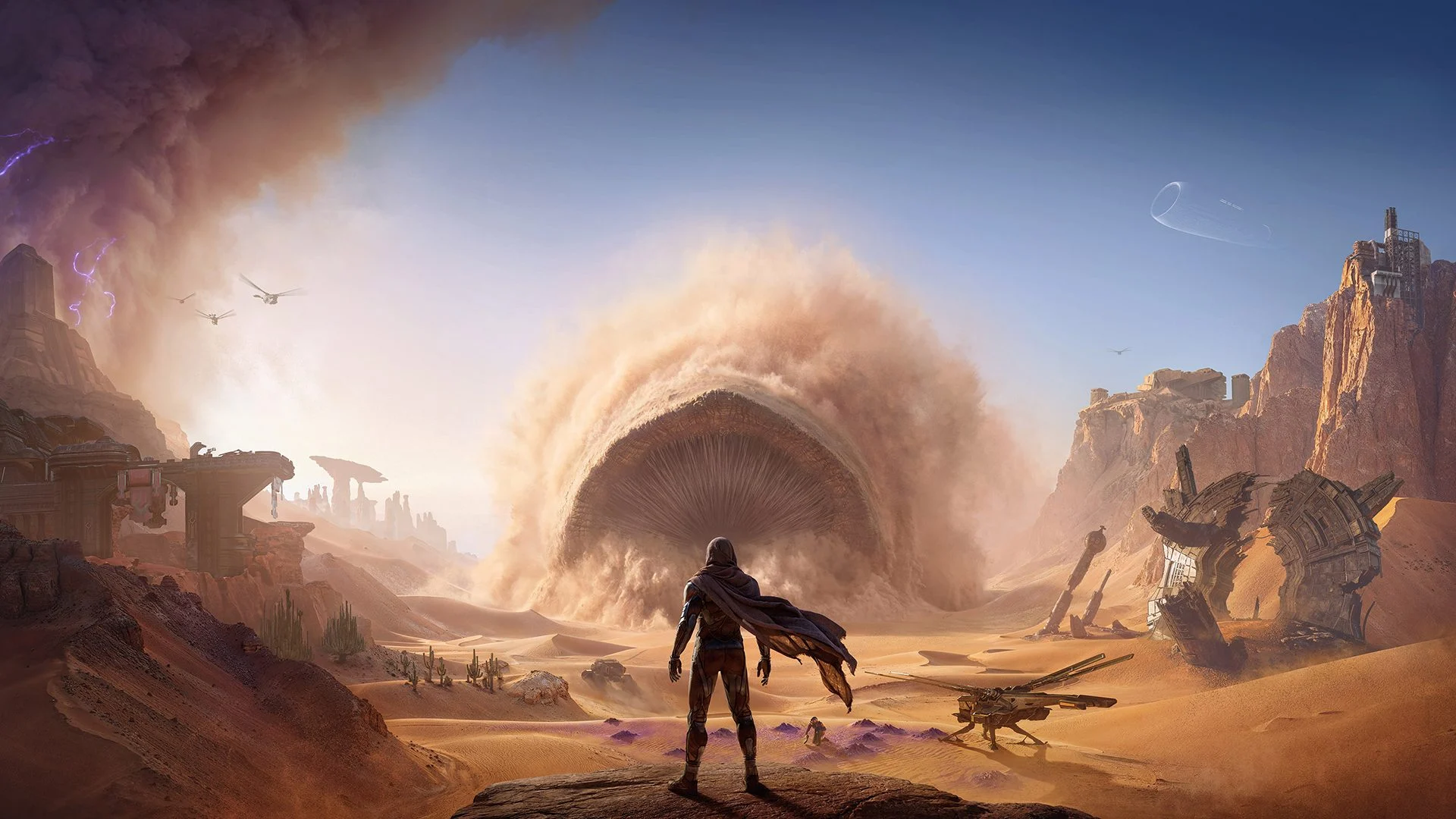 Personagem diante de um verme da areia em Dune Awakening
