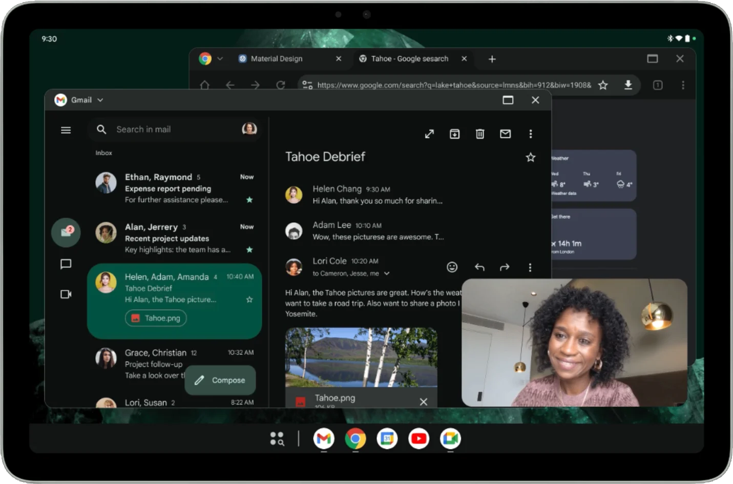 Tablet Android exibindo Gmail, navegador e videochamada em várias janelas no modo desktop