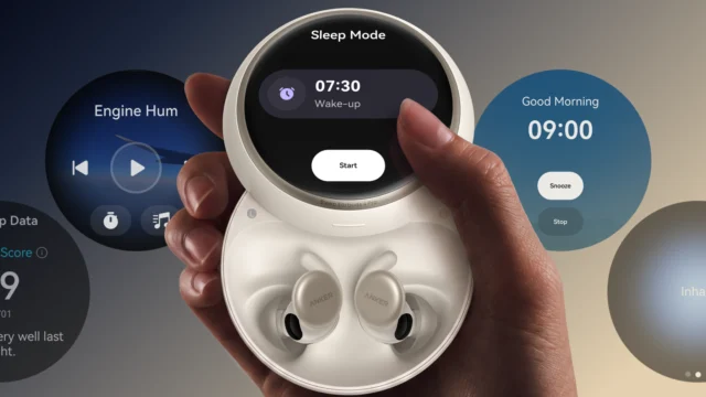 O estojo do Sleep Earbuds 4 Pro tem tela AMOLED para controlar sons, alarmes e visualizar informações do sono. Imagem: Anker soundcore/Divulgação