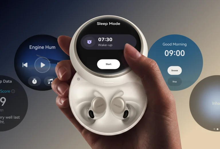O estojo do Sleep Earbuds 4 Pro tem tela AMOLED para controlar sons, alarmes e visualizar informações do sono. Imagem: Anker soundcore/Divulgação