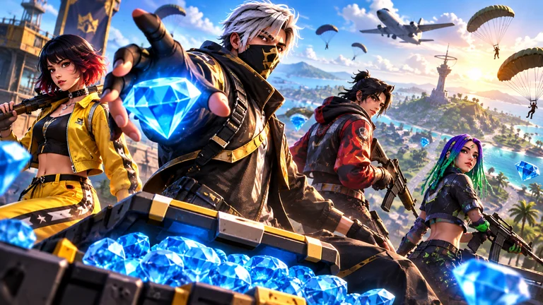 Ilustração de personagens e diamantes azuis em um cenário inspirado no Free Fire.