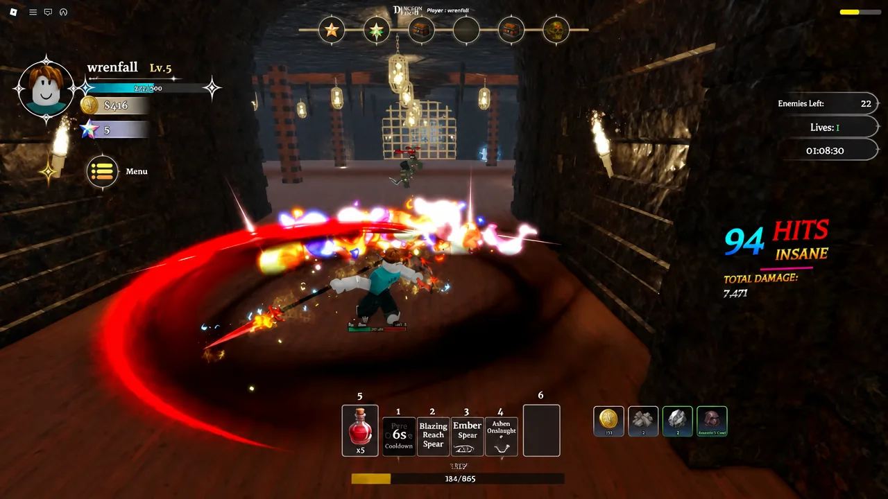 Combate em uma masmorra de Dungeon Lootr com contador de combo e habilidades
