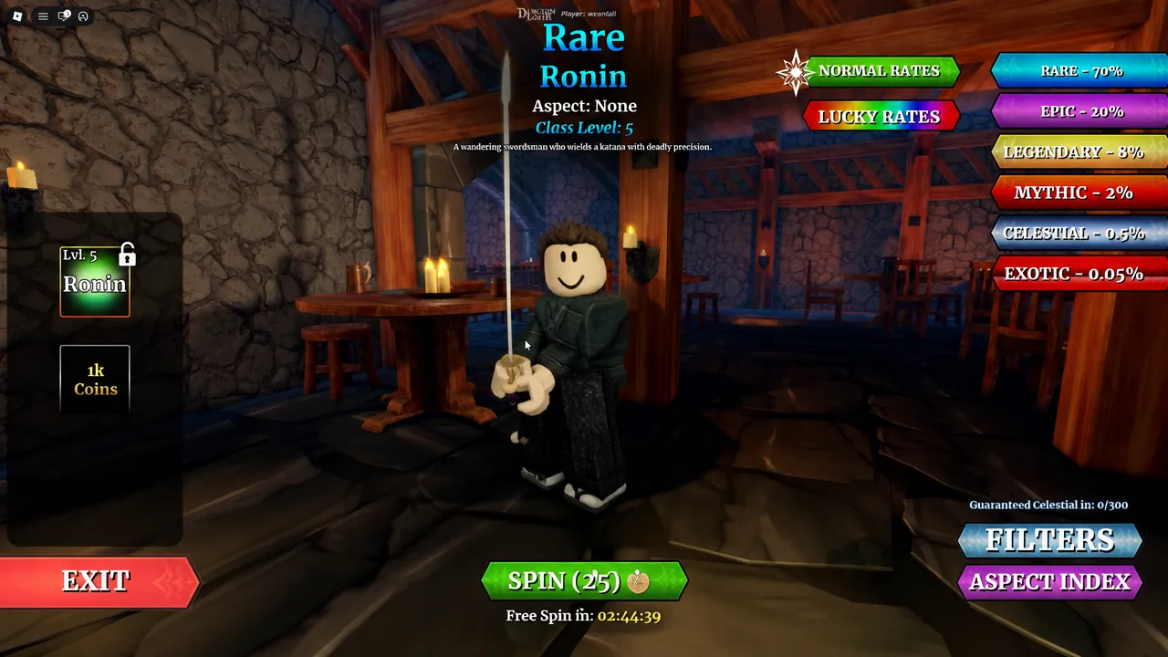 Tela de classe e Spin de Dungeon Lootr mostrando Ronin e raridades