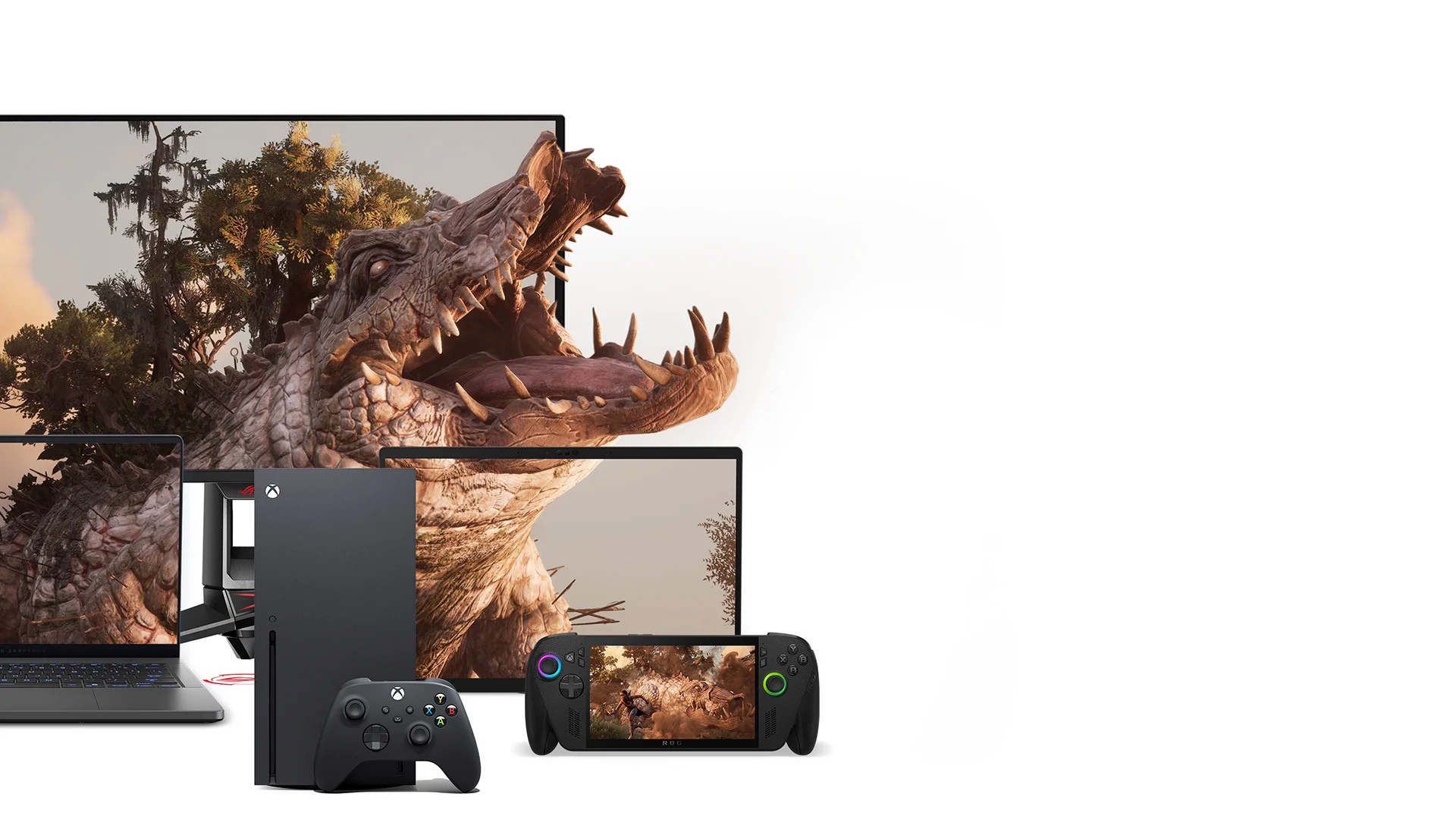 Imagem promocional de Xbox Play Anywhere com South of Midnight em diferentes dispositivos