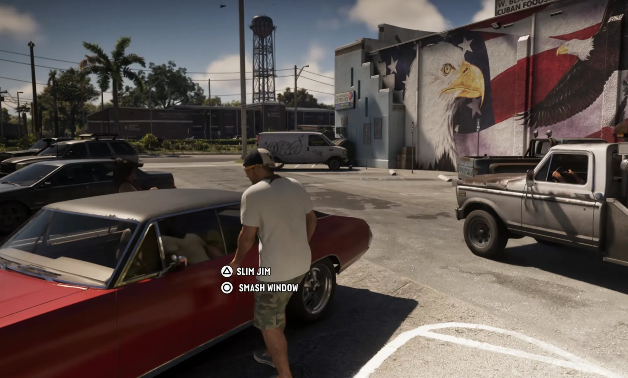 Jason diante de um carro em GTA 6 com opções para abrir a fechadura ou quebrar a janela