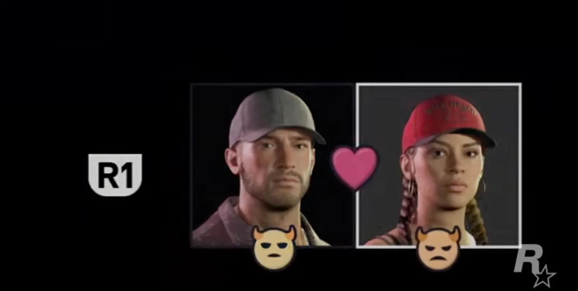 Interface de troca entre Jason e Lucia em GTA 6 com ícones individuais abaixo dos personagens