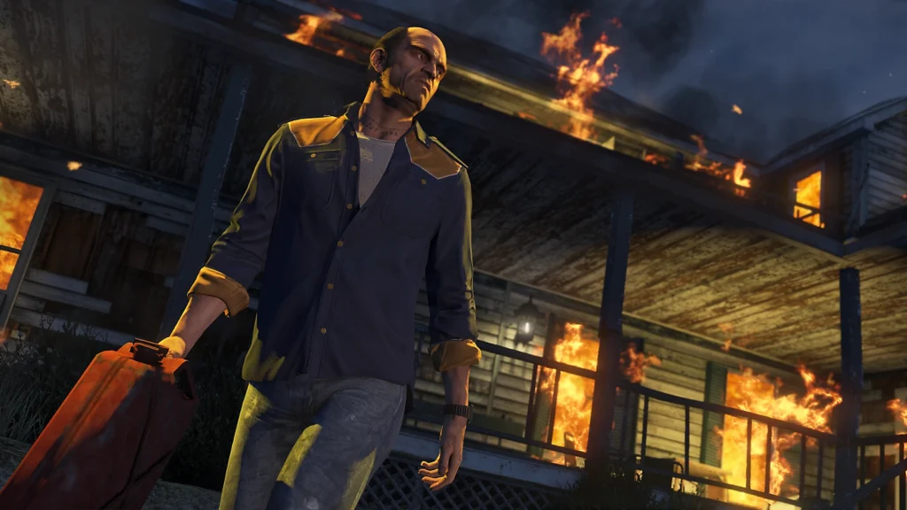 Trevor Philips diante de uma casa em chamas em GTA 5