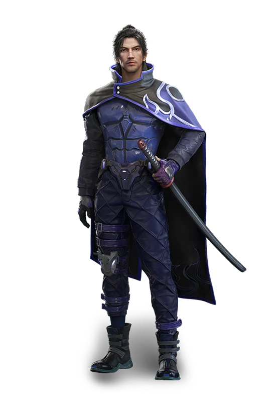 Arte oficial de Kenta, personagem de Free Fire, segurando uma espada
