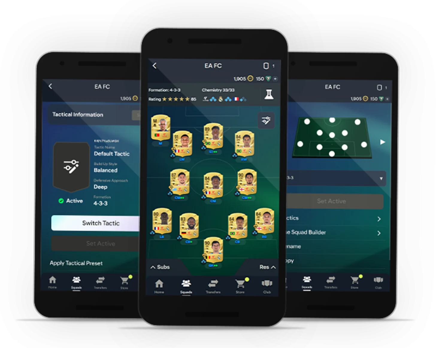 Companion App do EA Sports FC 27 mostrando elenco e opções de táticas do Ultimate Team