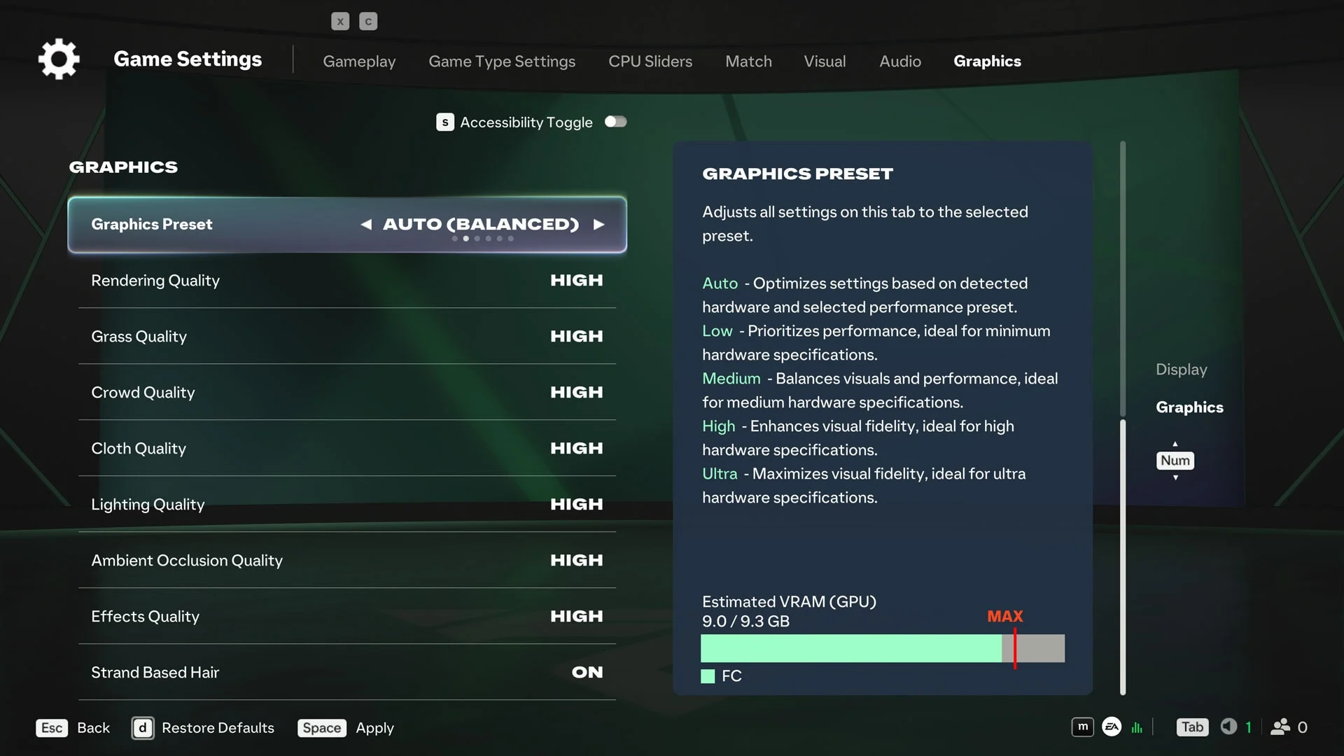 Indicador de VRAM nas configurações gráficas do EA Sports FC 27 para PC