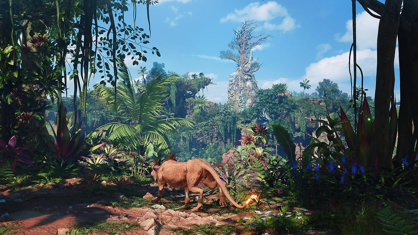 Red XIII atravessa uma floresta de Final Fantasy VII Revelation