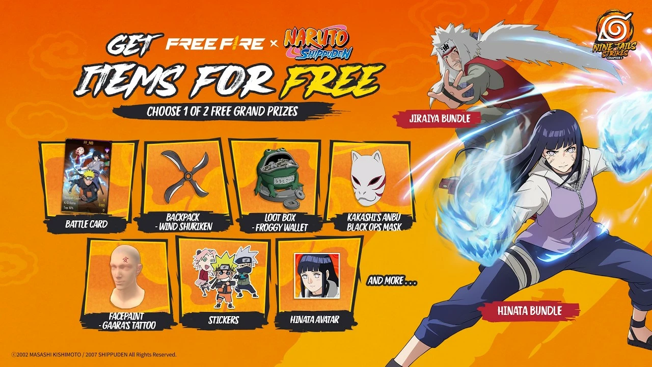 Free Fire x Naruto volta em 16 de setembro com Hinata ou Jiraiya grátis