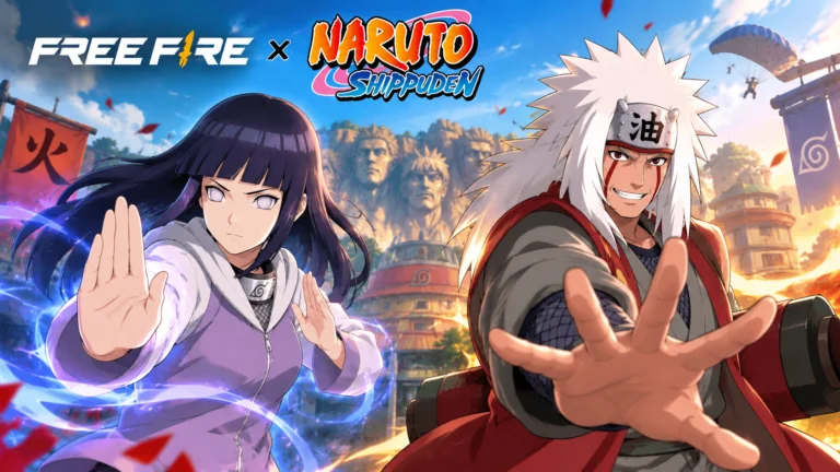 Free Fire x NARUTO SHIPPUDEN volta em 16 de setembro de 2026 com uma recompensa importante para quem não quer gastar diamantes: será possível escolher entre o Conjunto Hinata e o Conjunto Jiraiya.