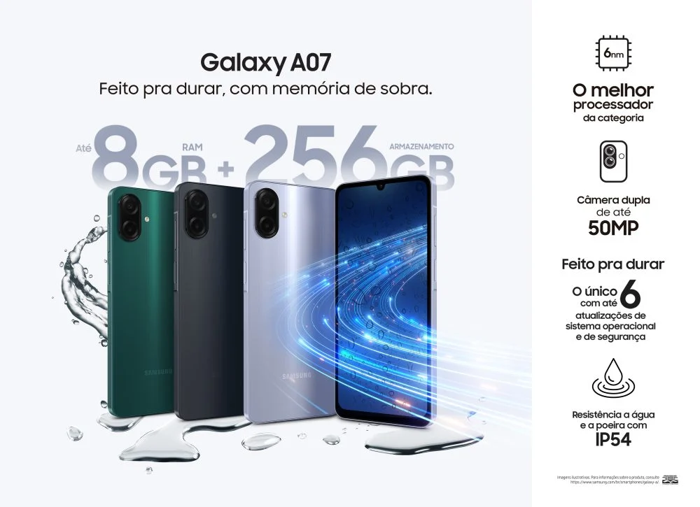 Samsung Galaxy A07 nas cores verde, preto e violeta
