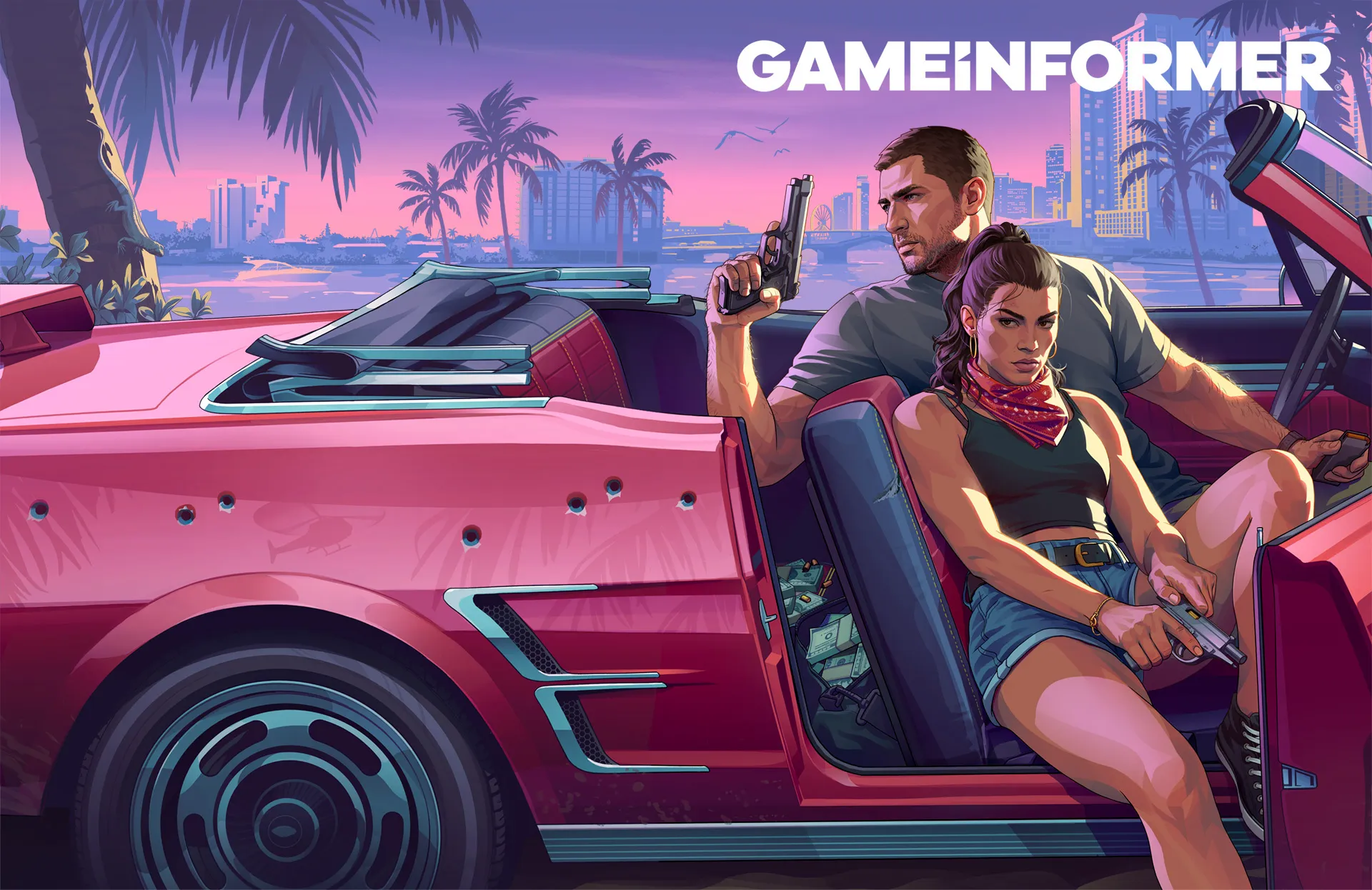 Capa panorâmica da Game Informer dedicada a GTA 6 com Jason Duval e Lucia Caminos em um conversível