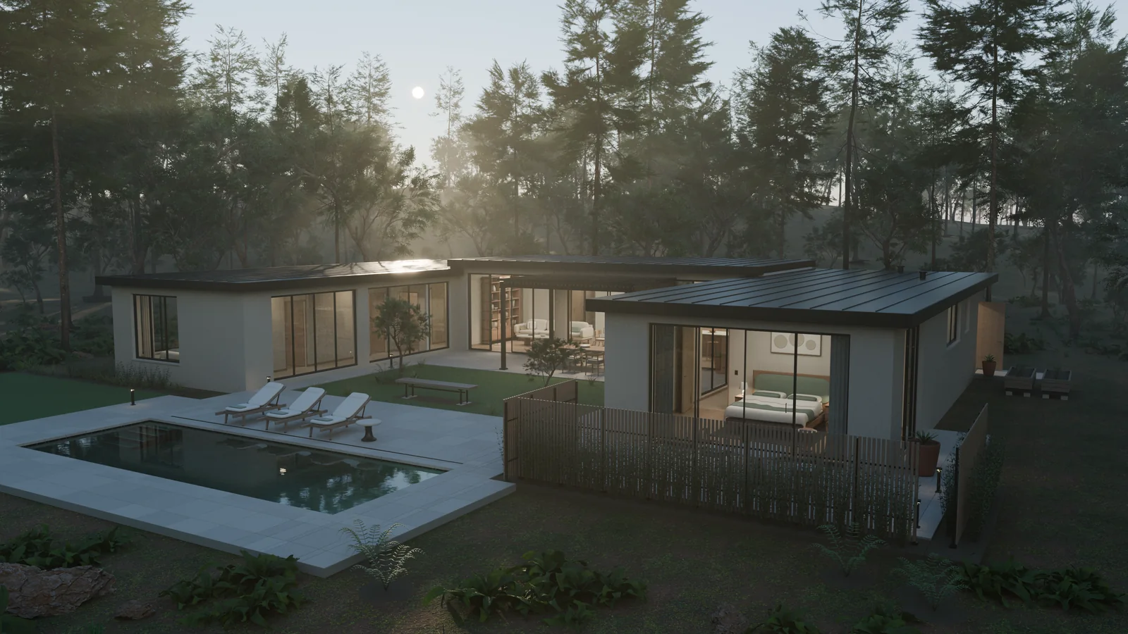 Casa térrea em U, com piscina e quartos envidraçados, cercada por uma floresta em render do Blender.