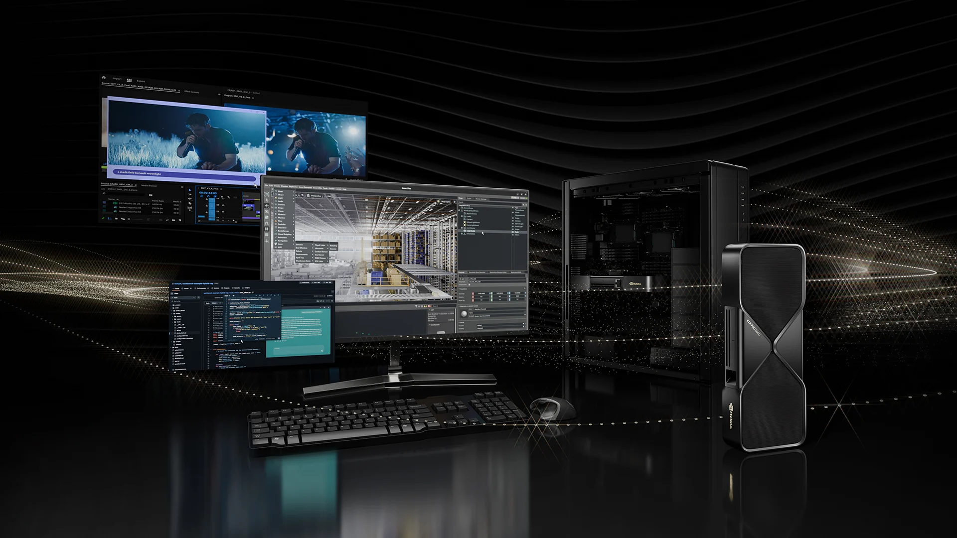 Workstation profissional NVIDIA RTX PRO Blackwell com placa de vídeo e aplicações de criação e inteligência artificial