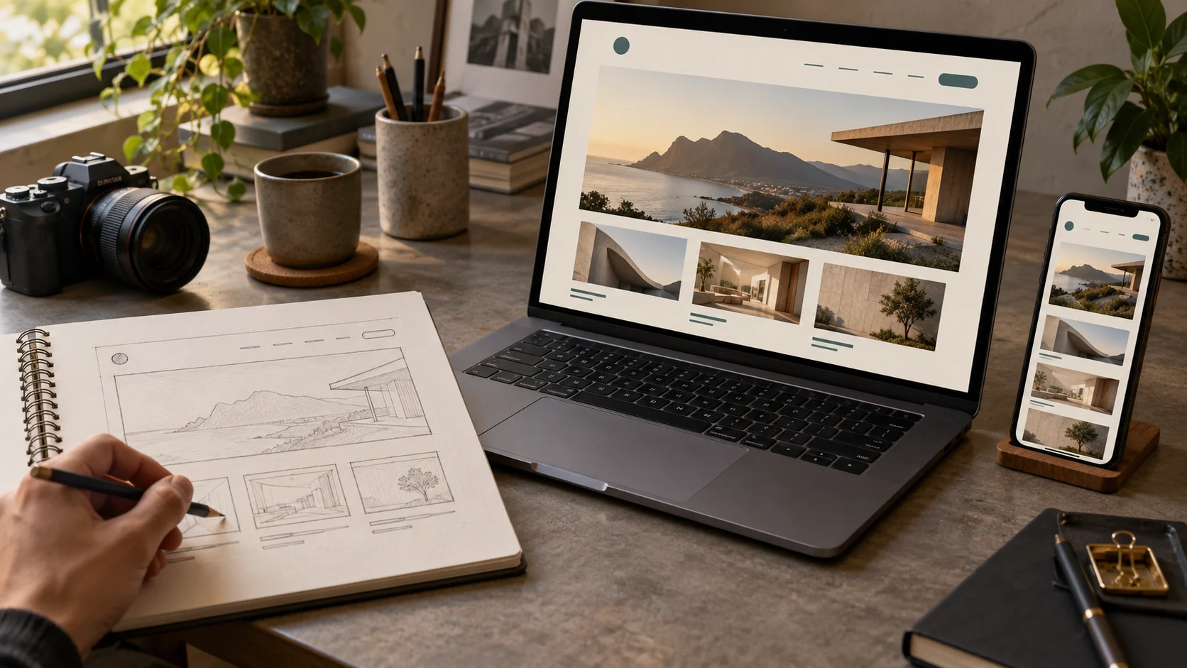 Rascunho de site em papel ao lado de versões da página no notebook e no celular.