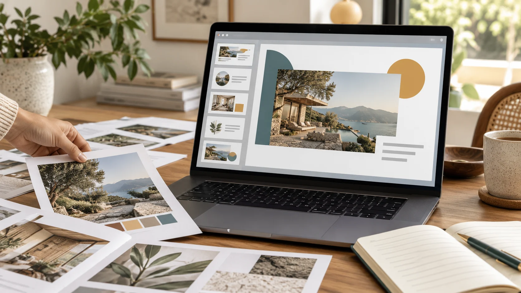 Notebook com editor de apresentações aberto e materiais impressos sobre a mesa.