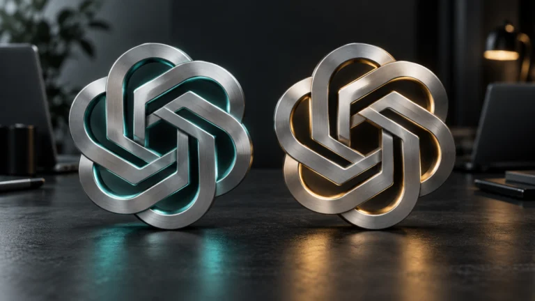 Dois símbolos metálicos da OpenAI com iluminação verde e dourada sobre fundo escuro.