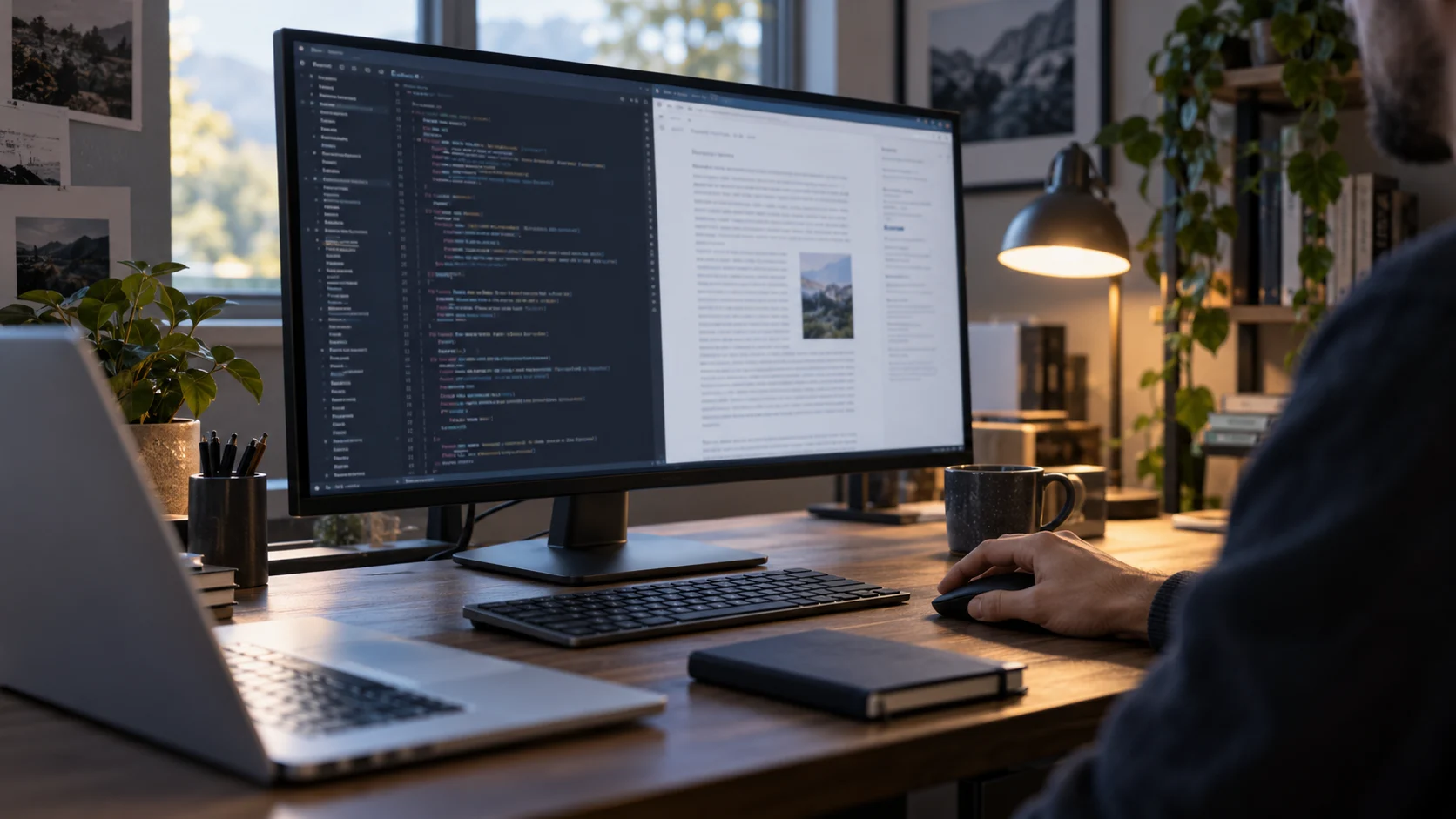 Pessoa diante de monitor com editor de código e documento lado a lado.