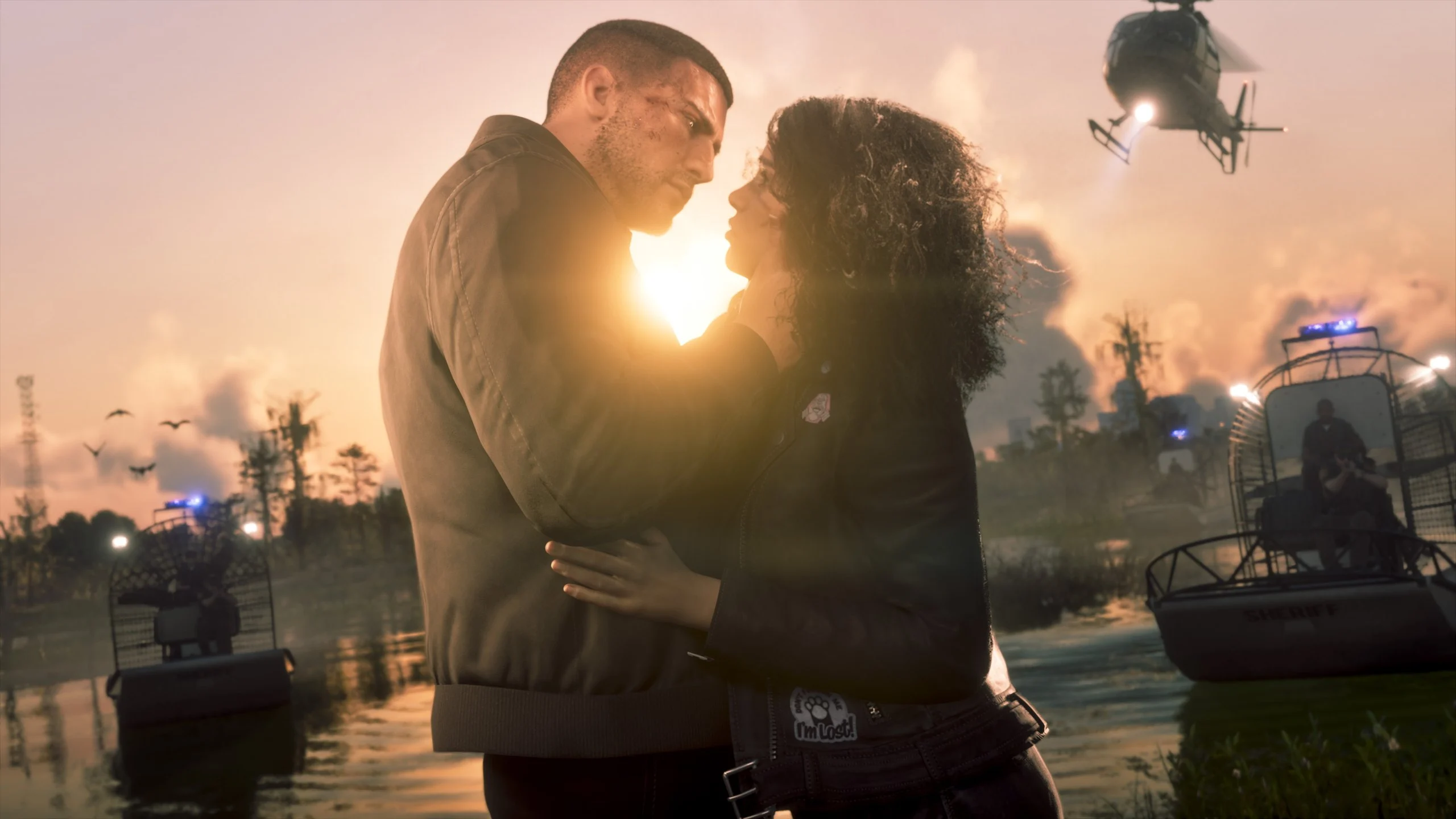 Jason e Lucia em cena de GTA 6 durante o pôr do sol