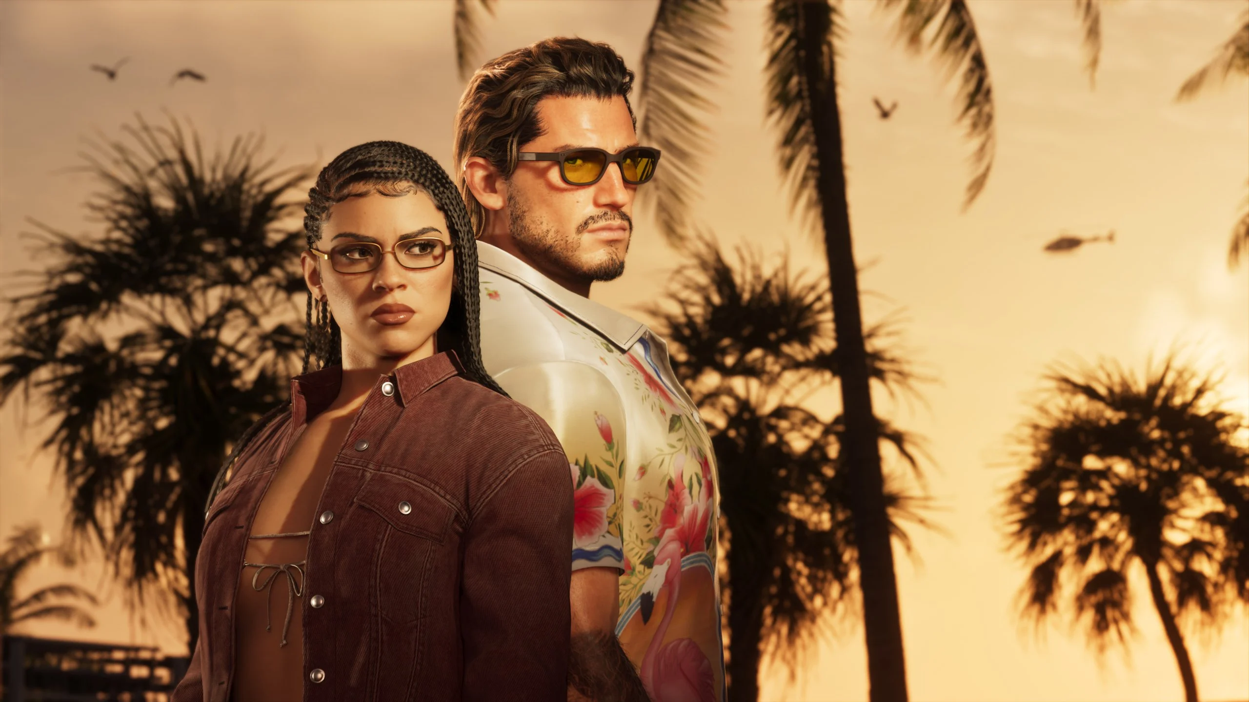 Personagens de GTA 6 diante de palmeiras em Leonida