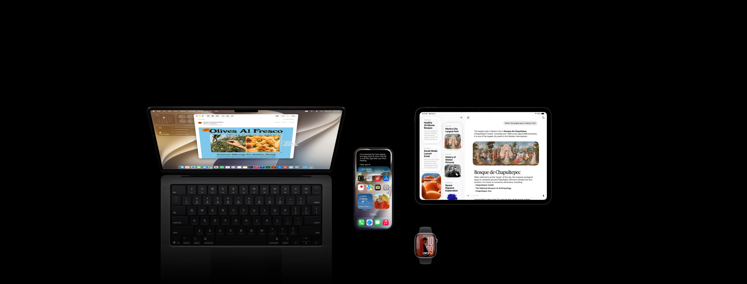 Produtos da Apple mostrando recursos das novas versões dos sistemas operacionais