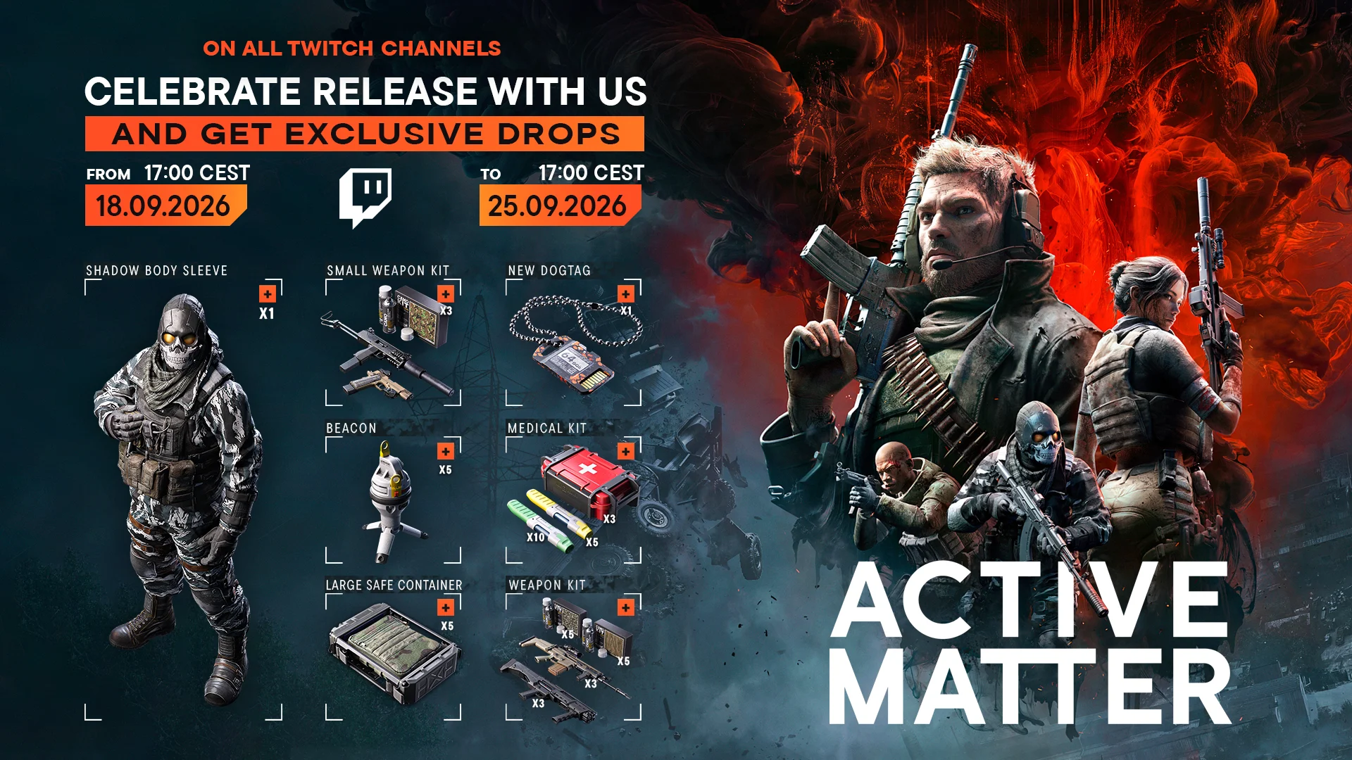Recompensas da primeira campanha de Twitch Drops de Active Matter