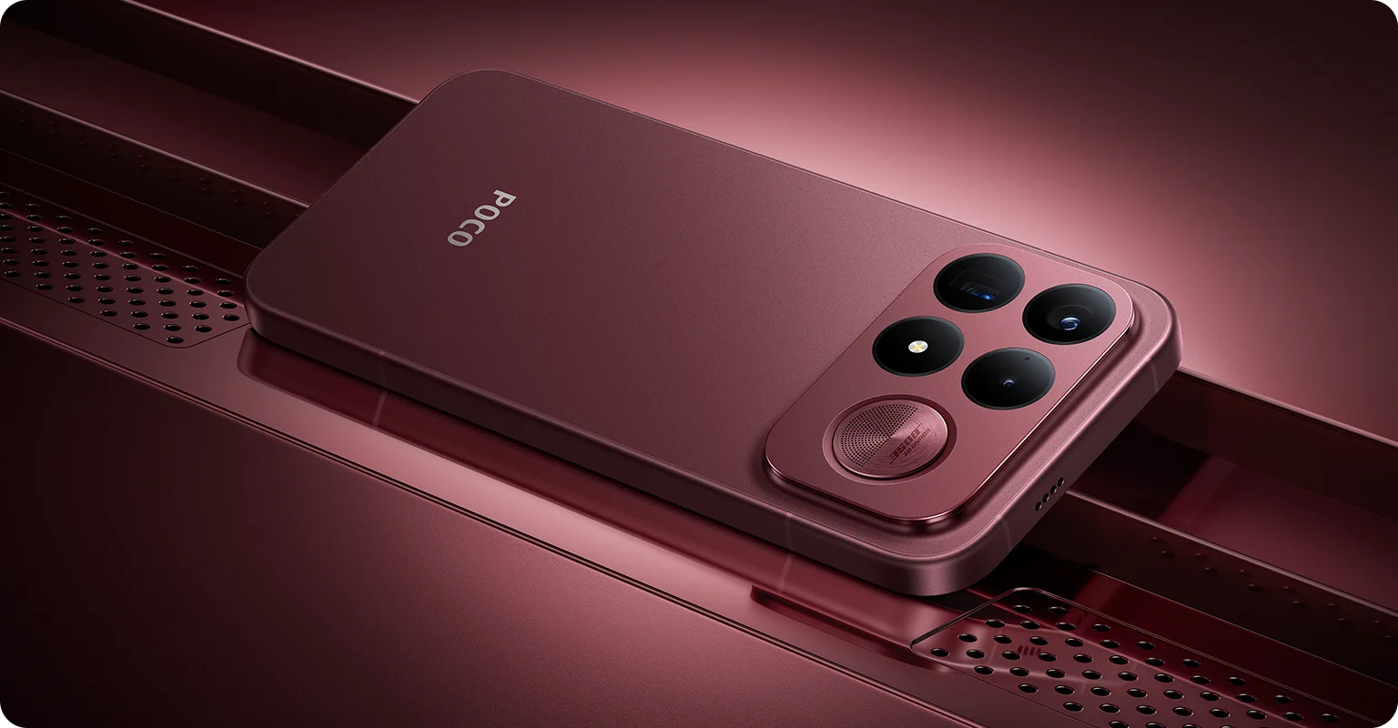 POCO F9 Ultra na cor Dark Cherry visto pela parte traseira