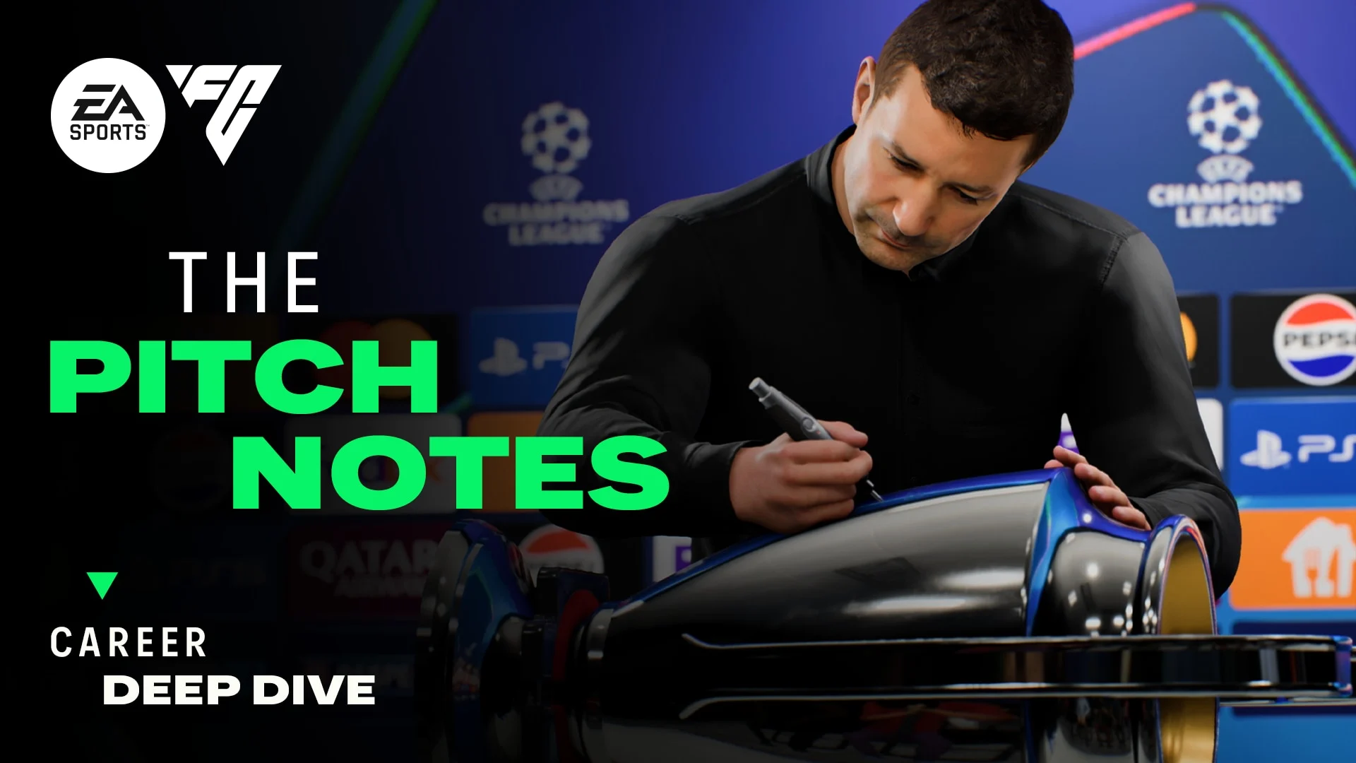 Modo Carreira do EA Sports FC 27 com manager e troféu da Champions League