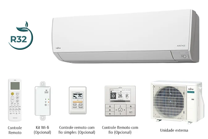 Ar-condicionado Fujitsu Airstage Premium com unidade interna, unidade externa e controles