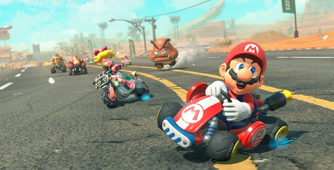 Personagens correndo em Mario Kart World no Nintendo Switch 2