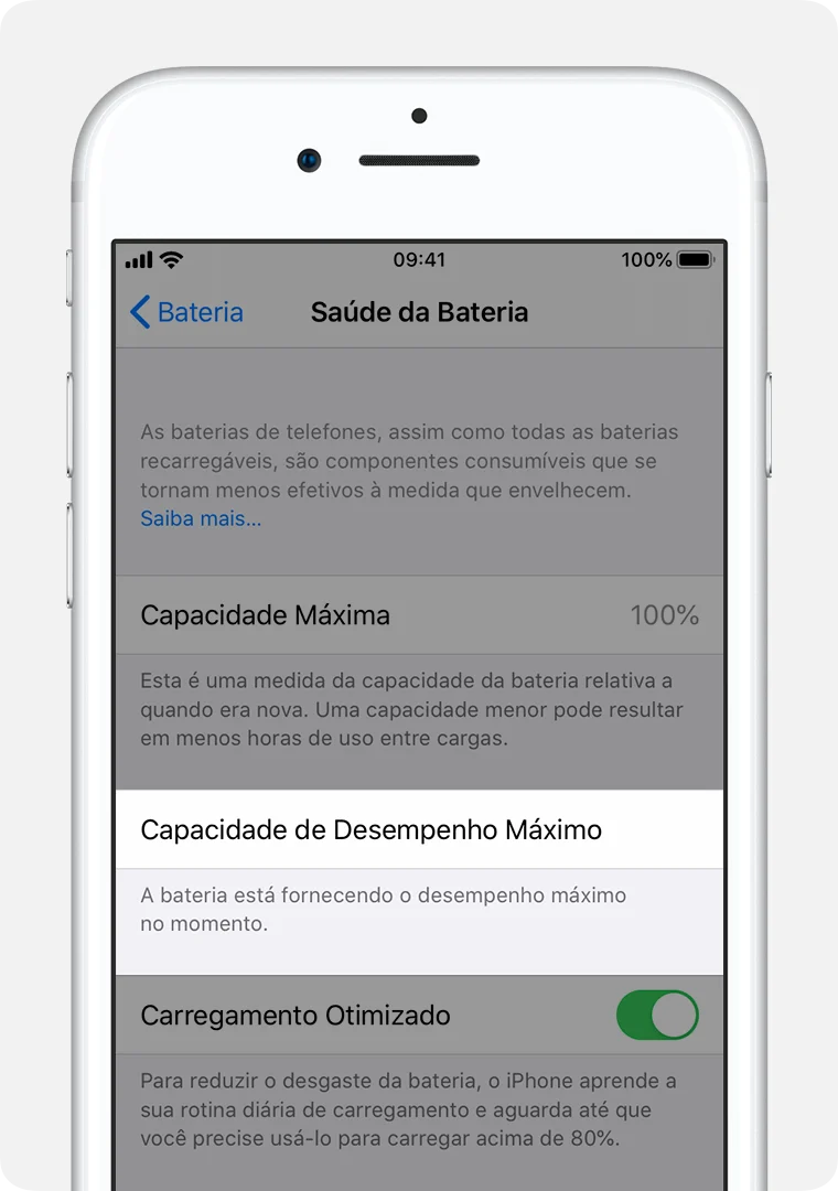 Tela Saúde da Bateria do iPhone com capacidade máxima e informação de desempenho